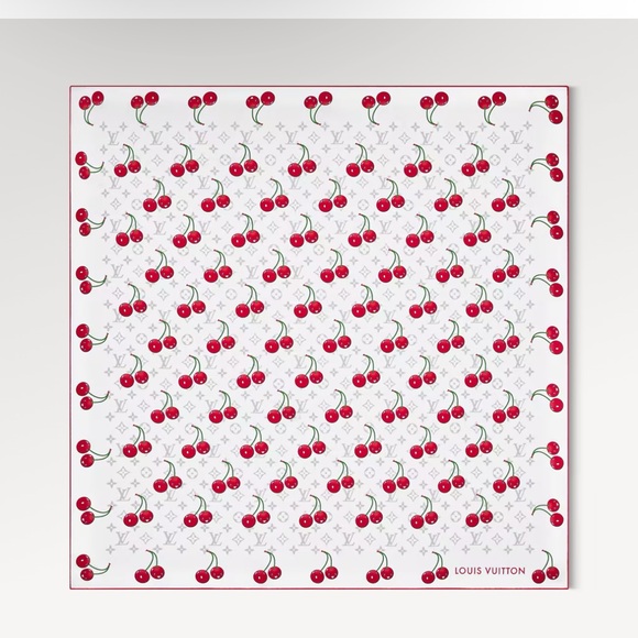 💯Louis Vuitton Murakami Carre 90 Red Cherry Pattern Scarf - Picture 1 of 6